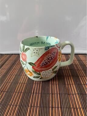 OPALHOUSE “SQUEEZE THE DAY” Coffee Mug Cup Mint Green Fruit colorful 3.5" Tall